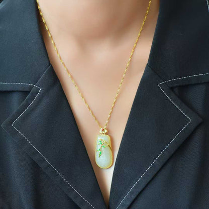925 Silver - Inlaid Hetian Jade Pendant (Trapezoidal Peace Plaque, "Bamboo Conveys Peace" Design) - jewelry - weilin.com