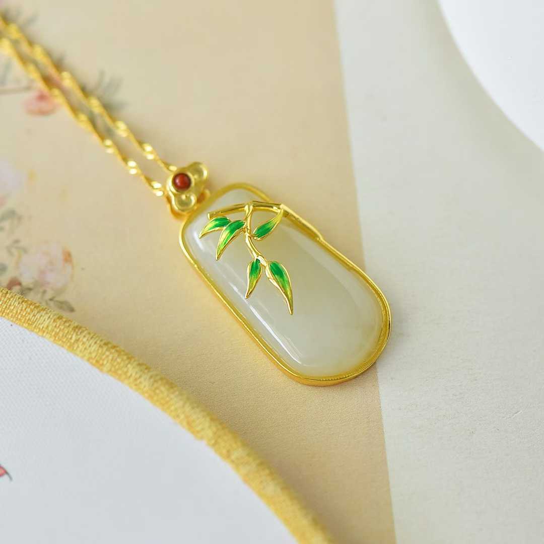 925 Silver - Inlaid Hetian Jade Pendant (Trapezoidal Peace Plaque, "Bamboo Conveys Peace" Design) - jewelry - weilin.com