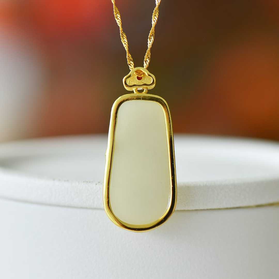 925 Silver - Inlaid Hetian Jade Pendant (Trapezoidal Peace Plaque, "Bamboo Conveys Peace" Design) - jewelry - weilin.com