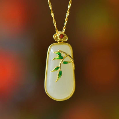 925 Silver - Inlaid Hetian Jade Pendant (Trapezoidal Peace Plaque, "Bamboo Conveys Peace" Design) - jewelry - weilin.com