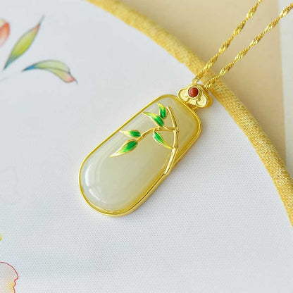 925 Silver - Inlaid Hetian Jade Pendant (Trapezoidal Peace Plaque, "Bamboo Conveys Peace" Design) - jewelry - weilin.com