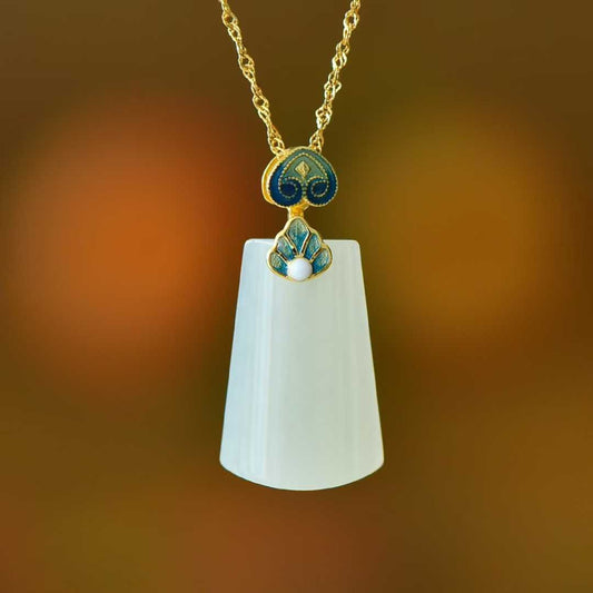 925 Silver - Inlaid Hetian Jade Pendant (Trapezoidal Peace Plaque, "Lotus for Continuous Good Luck" Design) - jewelry - weilin.com