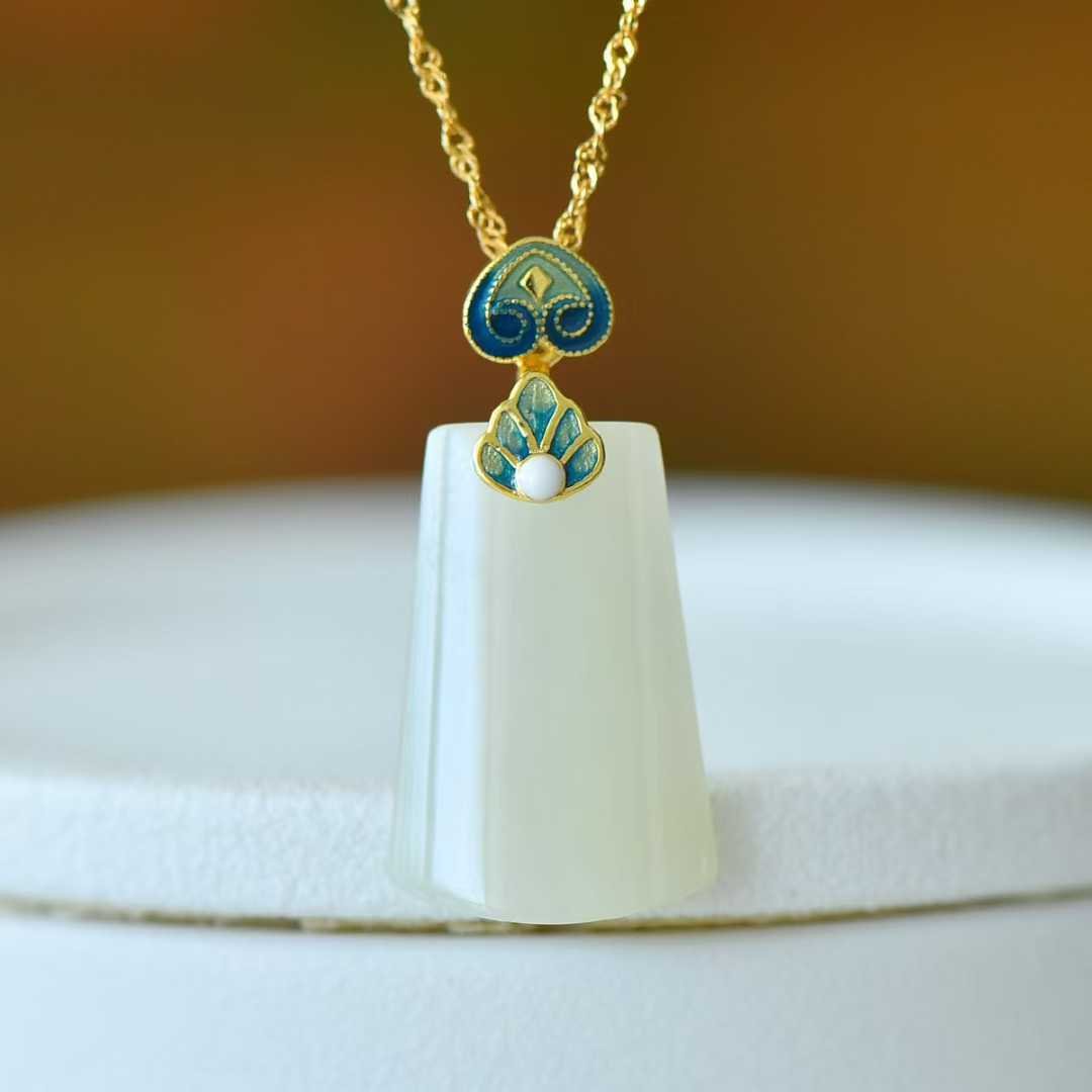 925 Silver - Inlaid Hetian Jade Pendant (Trapezoidal Peace Plaque, "Lotus for Continuous Good Luck" Design) - jewelry - weilin.com