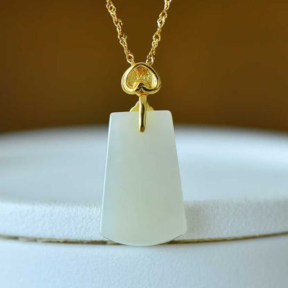 925 Silver - Inlaid Hetian Jade Pendant (Trapezoidal Peace Plaque, "Lotus for Continuous Good Luck" Design) - jewelry - weilin.com