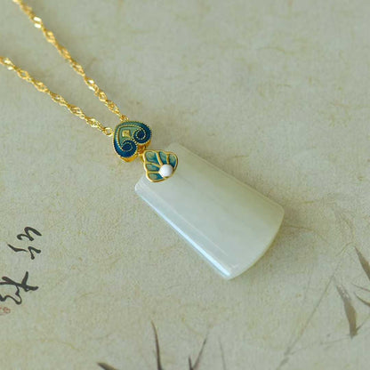 925 Silver - Inlaid Hetian Jade Pendant (Trapezoidal Peace Plaque, "Lotus for Continuous Good Luck" Design) - jewelry - weilin.com