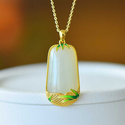 925 Silver - Inlaid Hetian Jade Pendant (Trapezoidal Peace Plaque, "Magnolia & Bamboo Convey Peace" Design) - jewelry - weilin.com