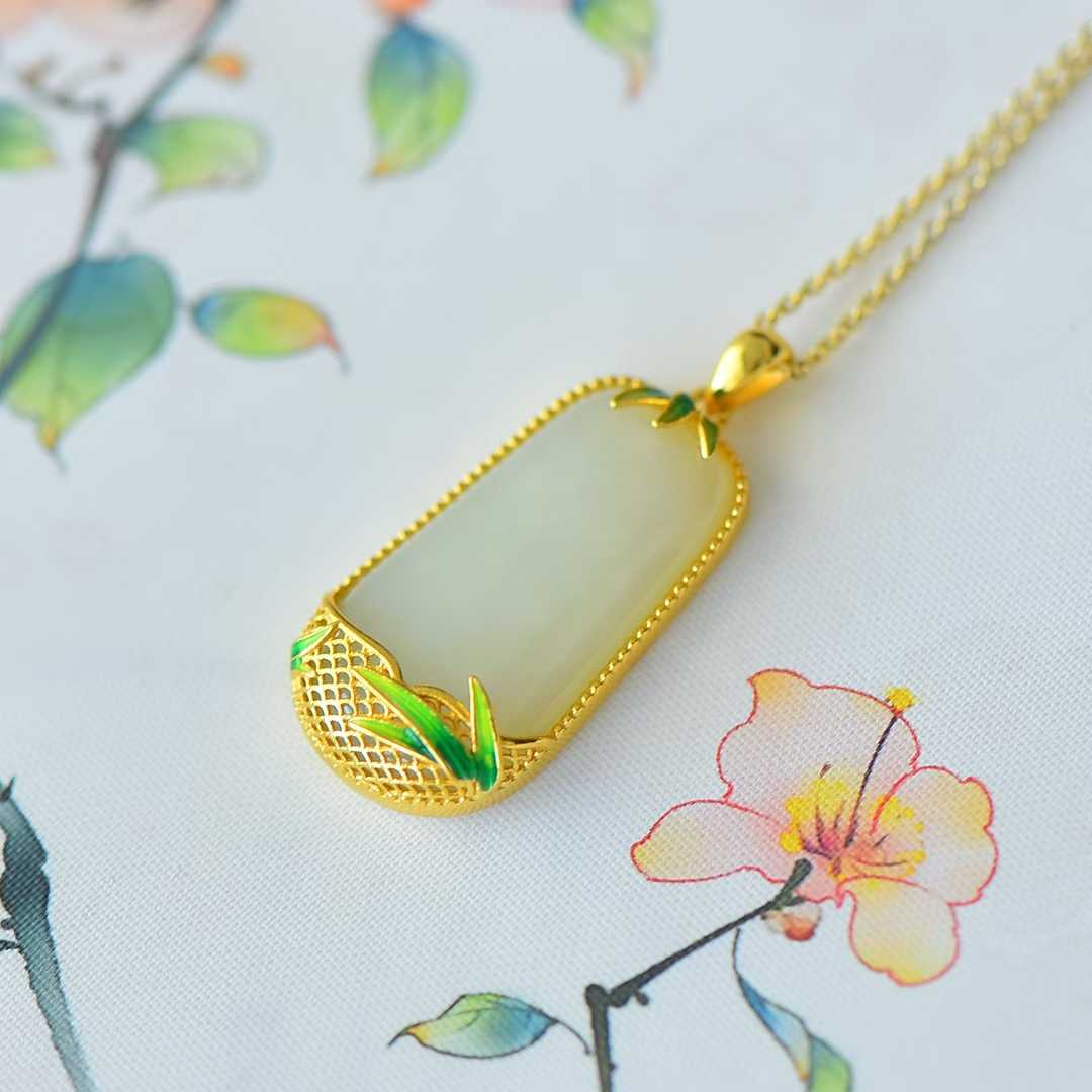 925 Silver - Inlaid Hetian Jade Pendant (Trapezoidal Peace Plaque, "Magnolia & Bamboo Convey Peace" Design) - jewelry - weilin.com