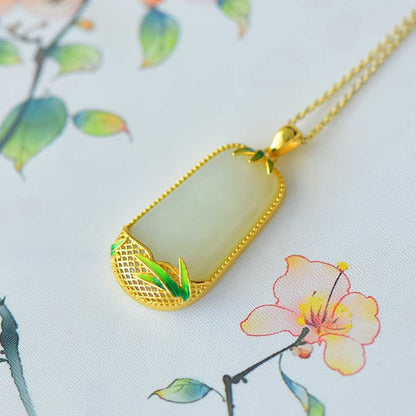 925 Silver - Inlaid Hetian Jade Pendant (Trapezoidal Peace Plaque, "Magnolia & Bamboo Convey Peace" Design) - jewelry - weilin.com