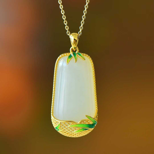 925 Silver - Inlaid Hetian Jade Pendant (Trapezoidal Peace Plaque, "Magnolia & Bamboo Convey Peace" Design) - jewelry - weilin.com