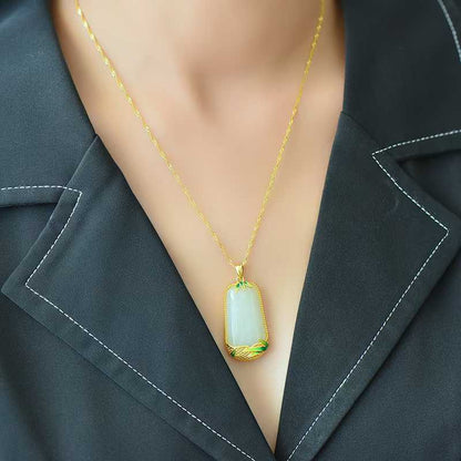 925 Silver - Inlaid Hetian Jade Pendant (Trapezoidal Peace Plaque, "Magnolia & Bamboo Convey Peace" Design) - jewelry - weilin.com