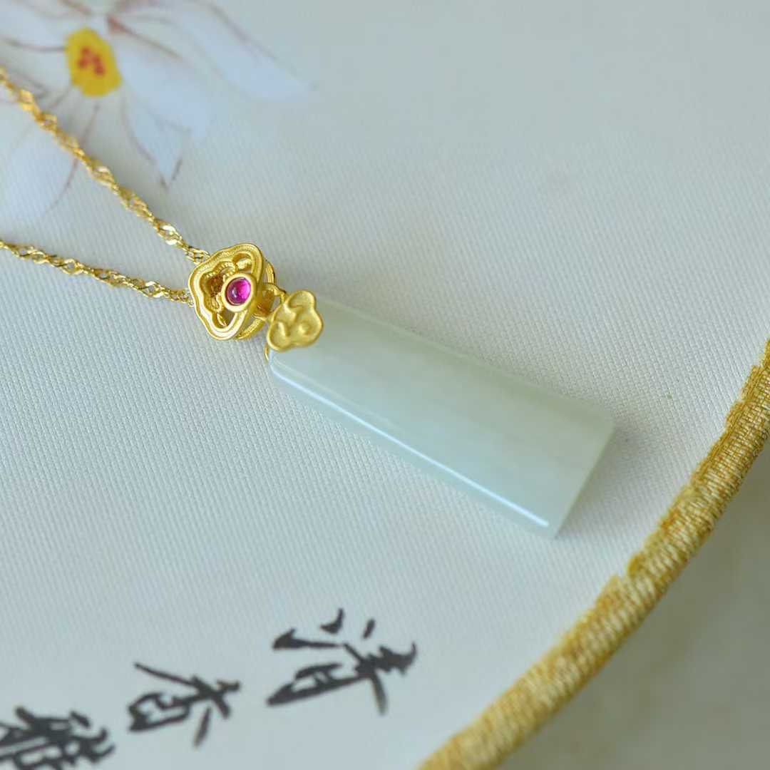 925 Silver - Inlaid Hetian Jade Pendant (Trapezoidal Peace Plaque with Auspicious Clouds & Ruyi Design) - jewelry - weilin.com