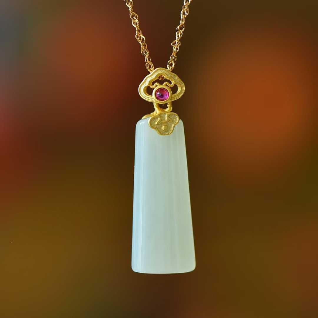 925 Silver - Inlaid Hetian Jade Pendant (Trapezoidal Peace Plaque with Auspicious Clouds & Ruyi Design) - jewelry - weilin.com