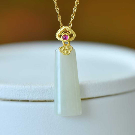 925 Silver - Inlaid Hetian Jade Pendant (Trapezoidal Peace Plaque with Auspicious Clouds & Ruyi Design) - jewelry - weilin.com