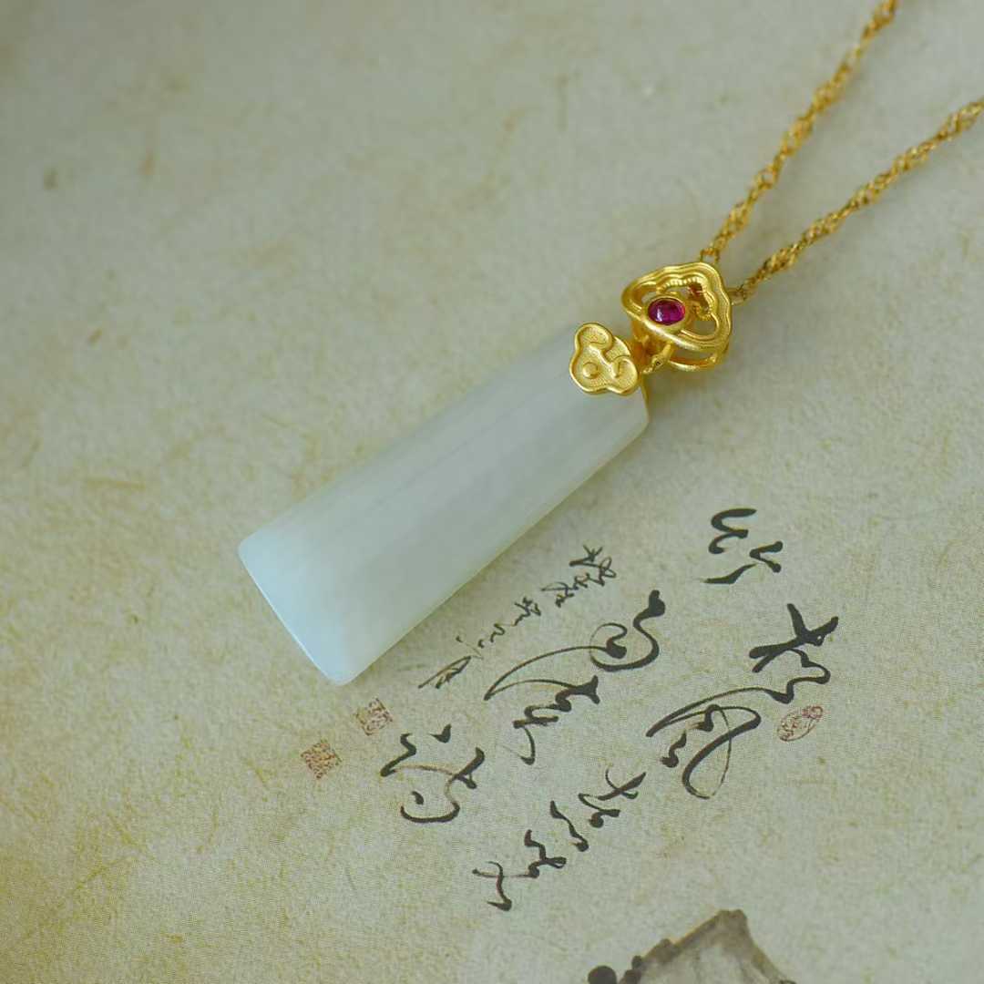 925 Silver - Inlaid Hetian Jade Pendant (Trapezoidal Peace Plaque with Auspicious Clouds & Ruyi Design) - jewelry - weilin.com