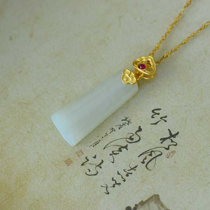925 Silver - Inlaid Hetian Jade Pendant (Trapezoidal Peace Plaque with Auspicious Clouds & Ruyi Design) - jewelry - weilin.com