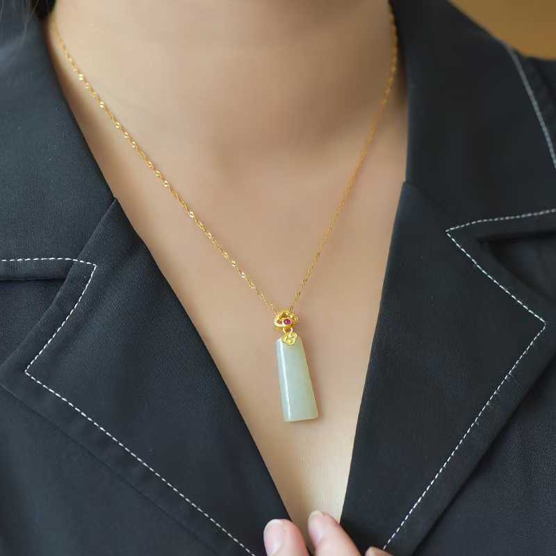 925 Silver - Inlaid Hetian Jade Pendant (Trapezoidal Peace Plaque with Auspicious Clouds & Ruyi Design) - jewelry - weilin.com