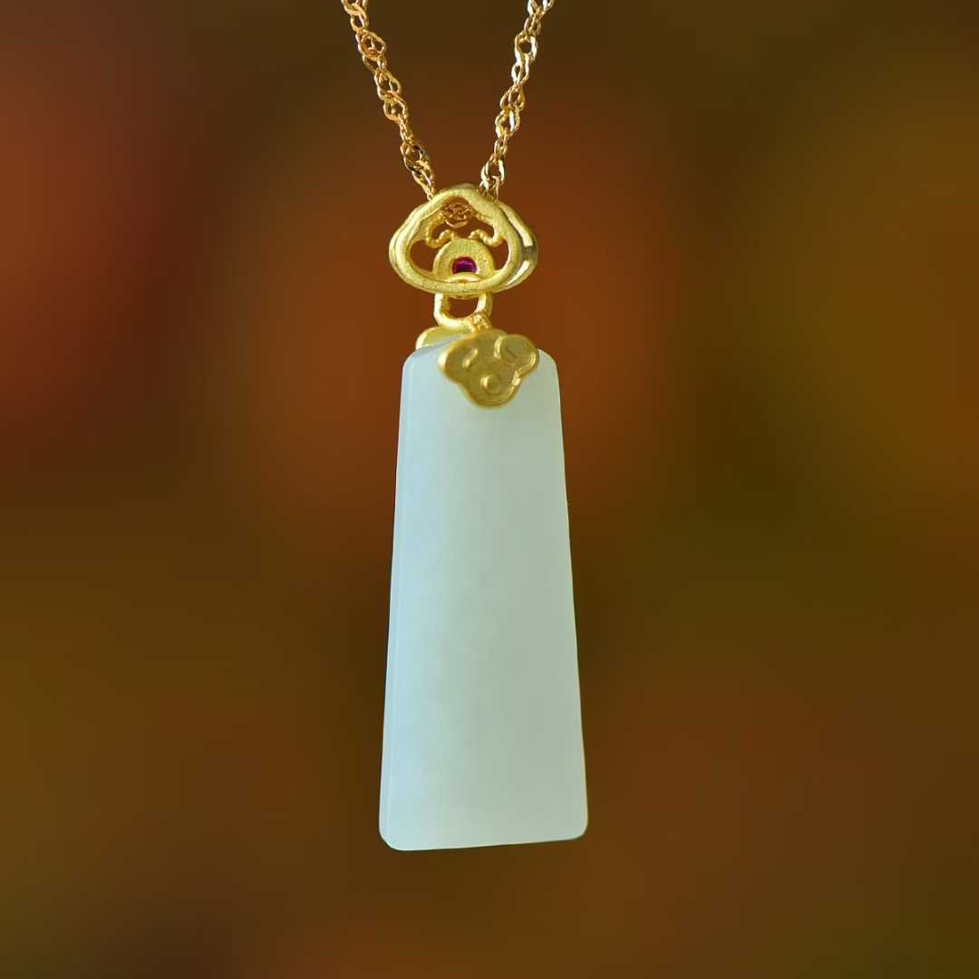 925 Silver - Inlaid Hetian Jade Pendant (Trapezoidal Peace Plaque with Auspicious Clouds & Ruyi Design) - jewelry - weilin.com