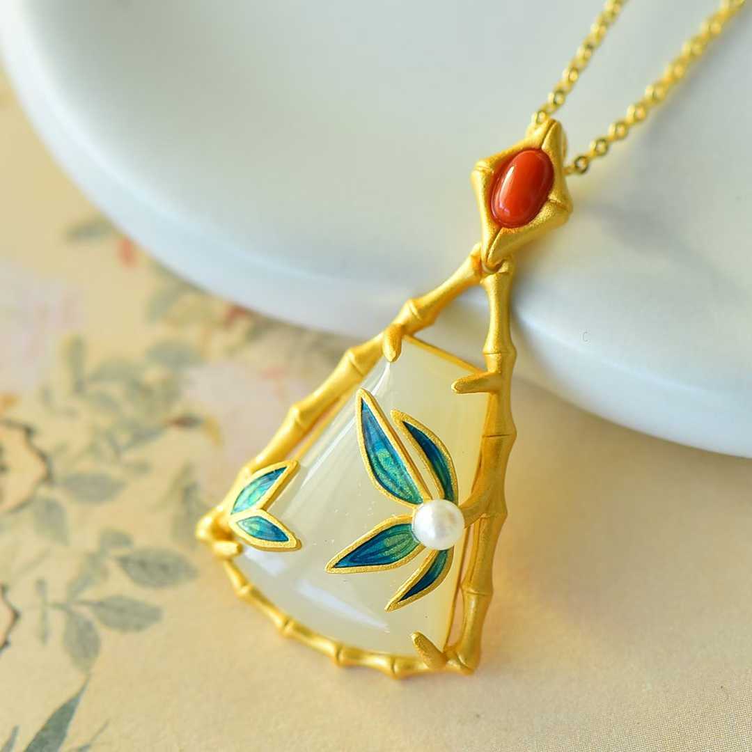 925 Silver - Inlaid Hetian Jade Pendant (Trapezoidal Shape with Bamboo Leaf Motif, Pearl & Enamel Accents) - jewelry - weilin.com