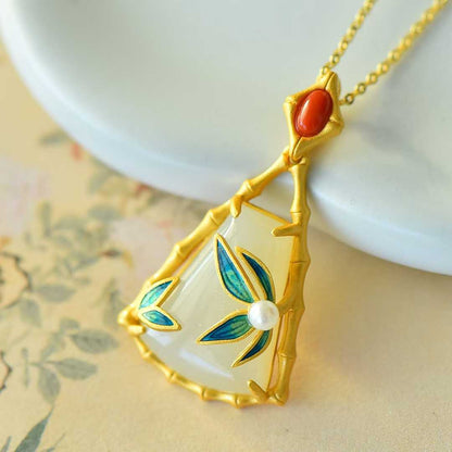 925 Silver - Inlaid Hetian Jade Pendant (Trapezoidal Shape with Bamboo Leaf Motif, Pearl & Enamel Accents) - jewelry - weilin.com