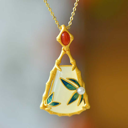 925 Silver - Inlaid Hetian Jade Pendant (Trapezoidal Shape with Bamboo Leaf Motif, Pearl & Enamel Accents) - jewelry - weilin.com