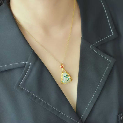 925 Silver - Inlaid Hetian Jade Pendant (Trapezoidal Shape with Bamboo Leaf Motif, Pearl & Enamel Accents) - jewelry - weilin.com