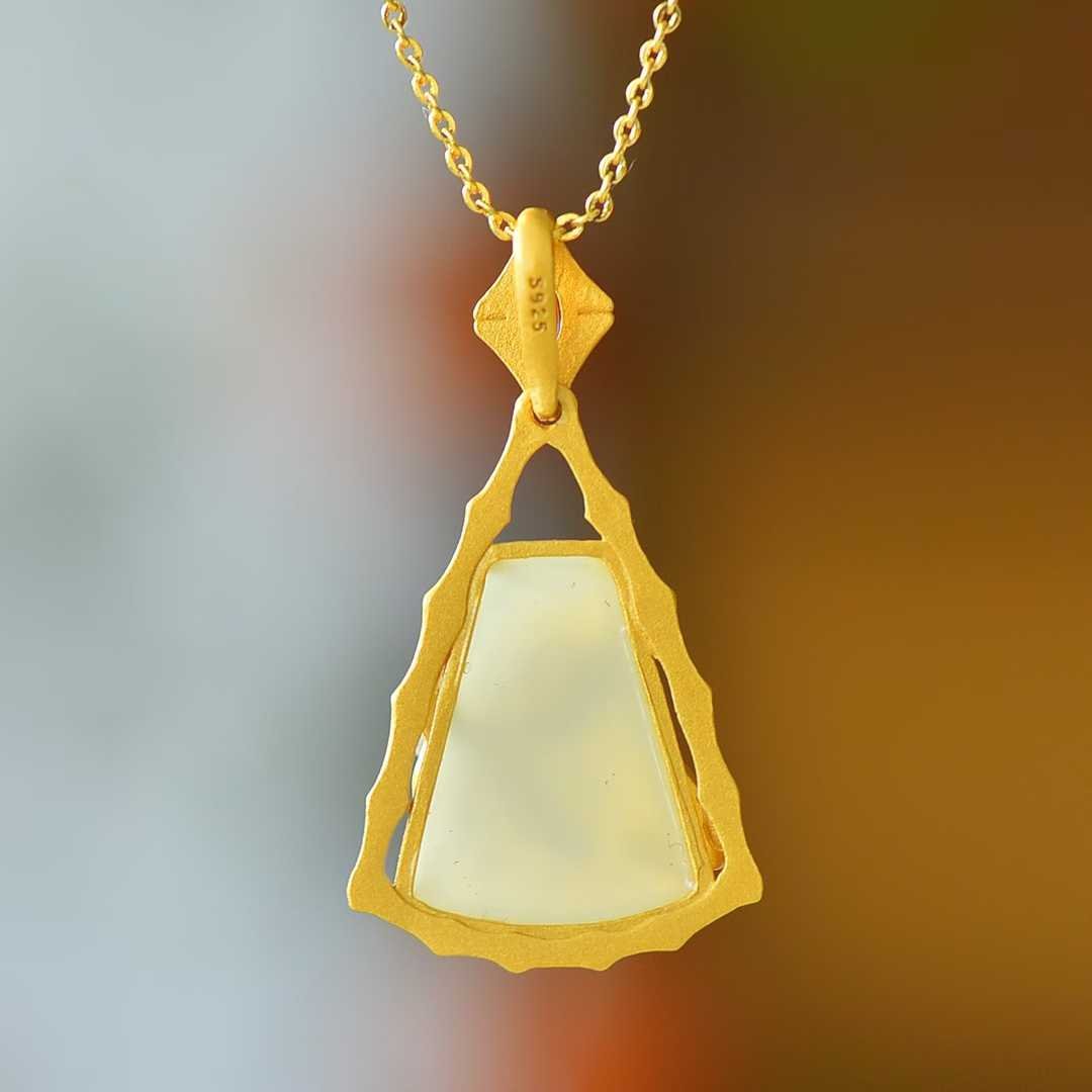 925 Silver - Inlaid Hetian Jade Pendant (Trapezoidal Shape with Bamboo Leaf Motif, Pearl & Enamel Accents) - jewelry - weilin.com