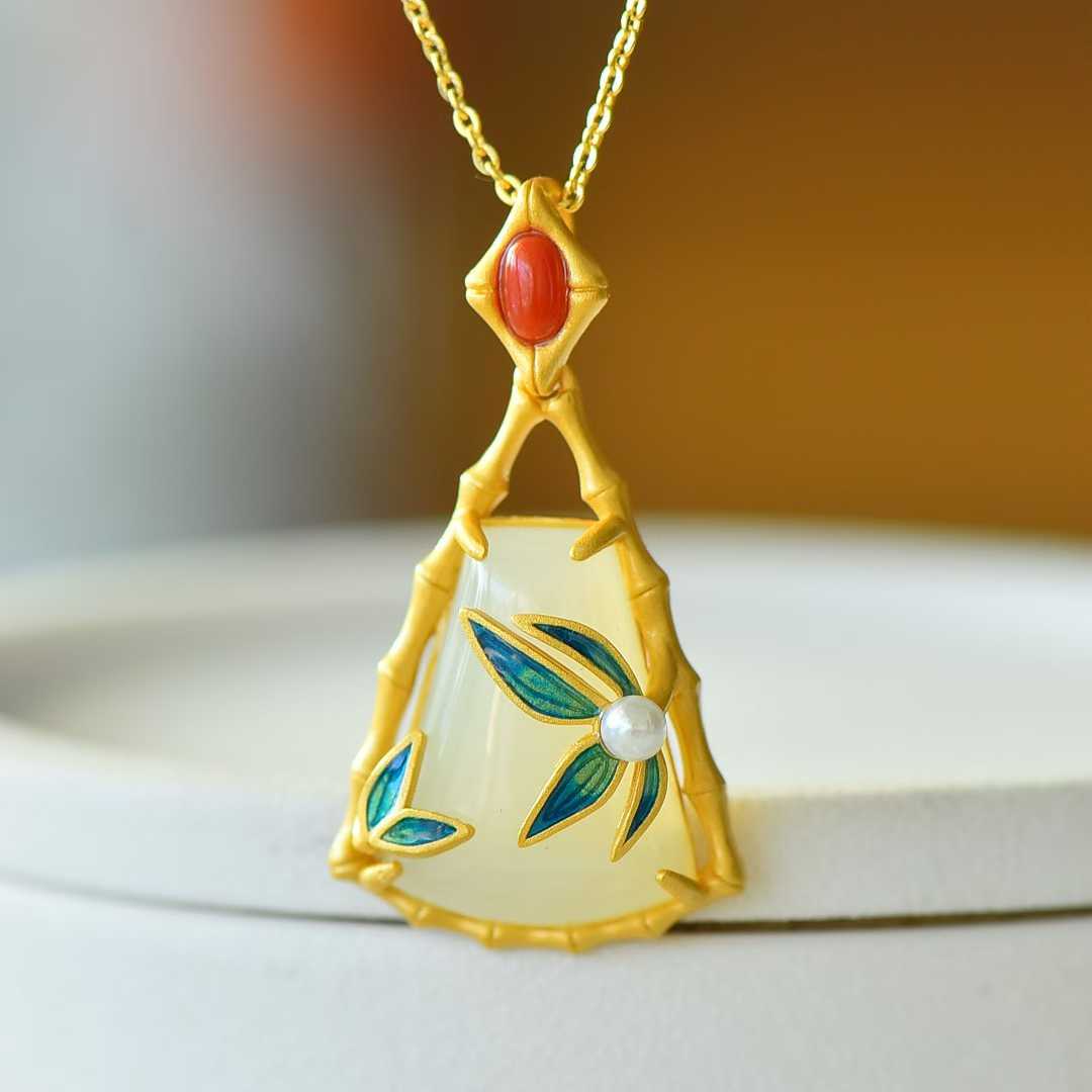 925 Silver - Inlaid Hetian Jade Pendant (Trapezoidal Shape with Bamboo Leaf Motif, Pearl & Enamel Accents) - jewelry - weilin.com