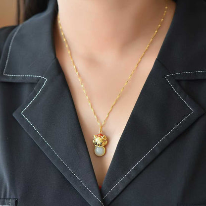 925 Silver - Inlaid Hetian Jade Pendant with "Abundant Blessings", "Ruyi" & "Blessing Dragon" Design - jewelry - weilin.com