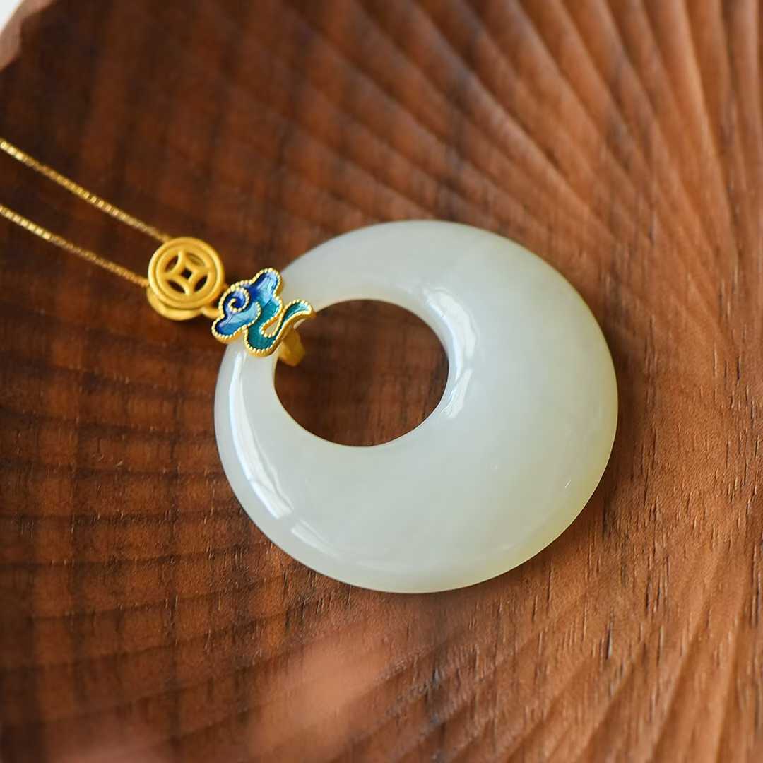 925 Silver - Inlaid Hetian Jade Pendant with "Auspicious Clouds" & "Ping'an Kou" (Peace Buckle) Design - jewelry - weilin.com