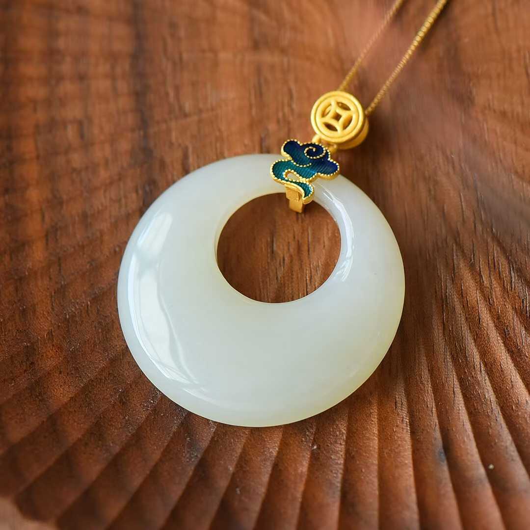 925 Silver - Inlaid Hetian Jade Pendant with "Auspicious Clouds" & "Ping'an Kou" (Peace Buckle) Design - jewelry - weilin.com