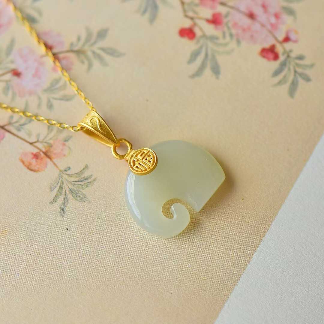 925 Silver - Inlaid Hetian Jade Pendant with "Auspicious Elephant" Design - jewelry - weilin.com