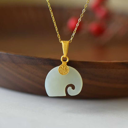 925 Silver - Inlaid Hetian Jade Pendant with "Auspicious Elephant" Design - jewelry - weilin.com