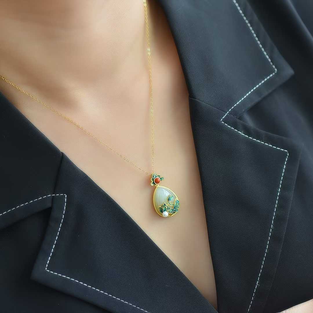 925 Silver - Inlaid Hetian Jade Pendant with "Butterfly & Flower" Design - jewelry - weilin.com