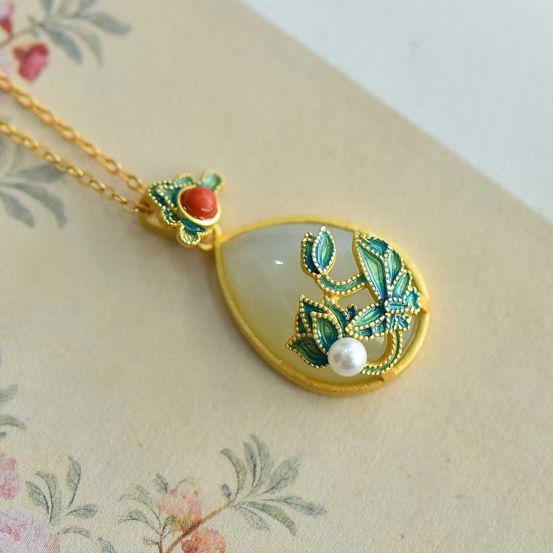 925 Silver - Inlaid Hetian Jade Pendant with "Butterfly & Flower" Design - jewelry - weilin.com