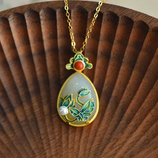 925 Silver - Inlaid Hetian Jade Pendant with "Butterfly & Flower" Design - jewelry - weilin.com