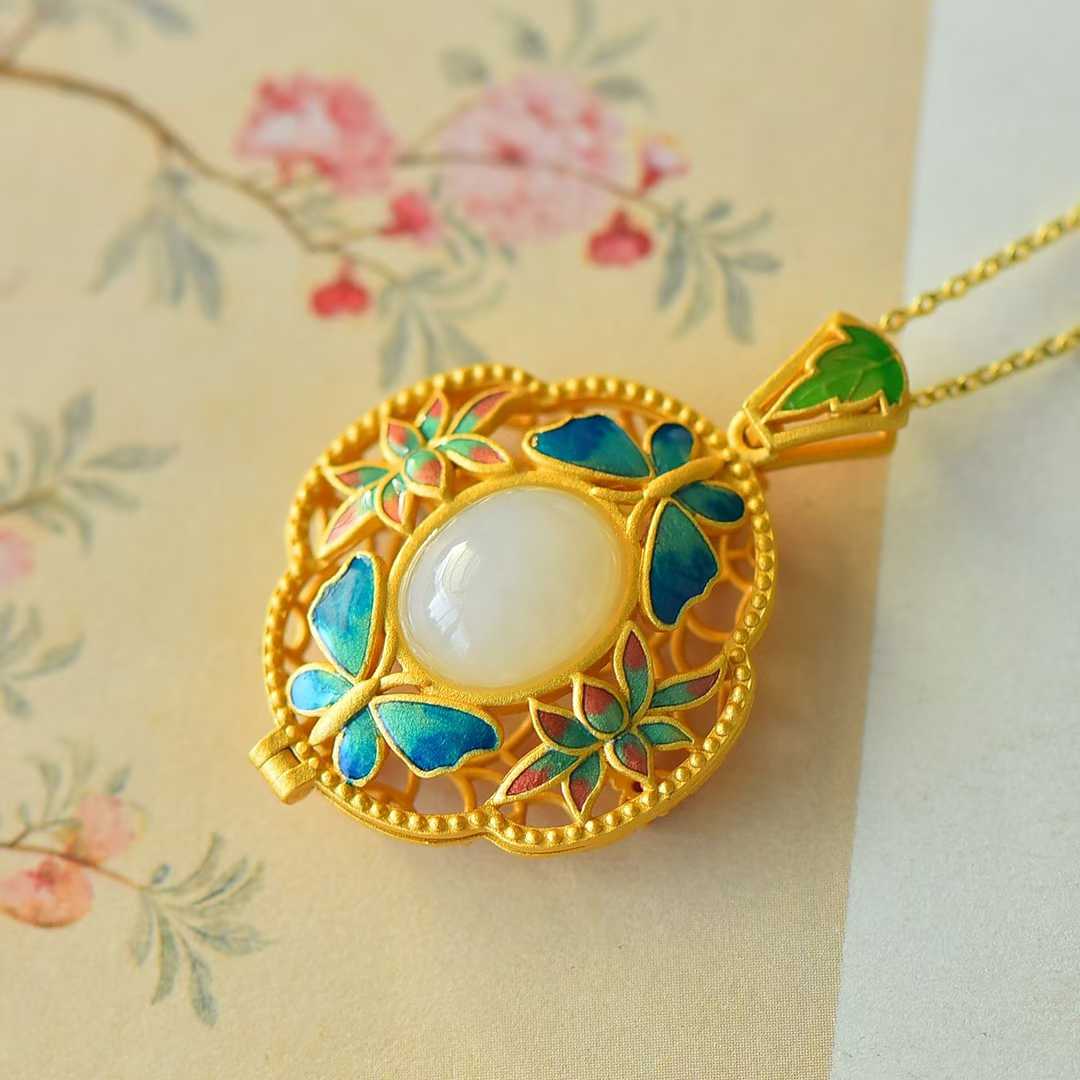 925 Silver - Inlaid Hetian Jade Pendant with Enameled Zircon, "Two Butterflies Flying Together" Design & Scent Sachet Compartment - jewelry - weilin.com