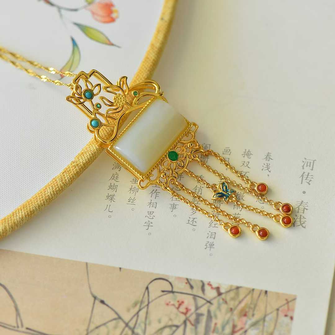 925 Silver - Inlaid Hetian Jade Pendant with "Lotus (Symbolizing Harmony & Bliss)" Design & Tassel - jewelry - weilin.com