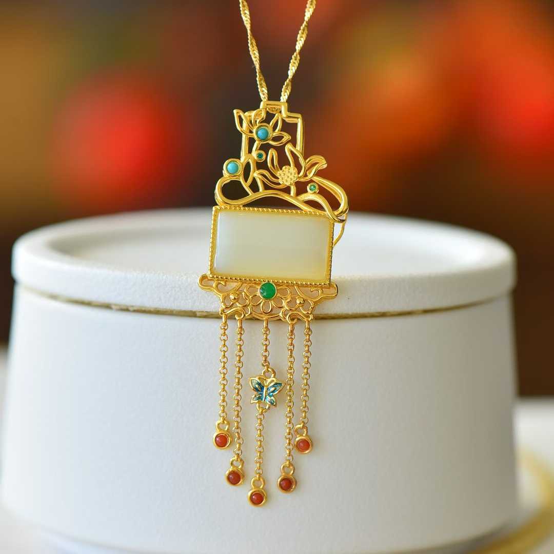 925 Silver - Inlaid Hetian Jade Pendant with "Lotus (Symbolizing Harmony & Bliss)" Design & Tassel - jewelry - weilin.com