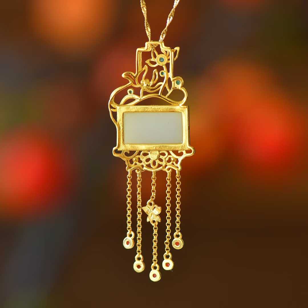 925 Silver - Inlaid Hetian Jade Pendant with "Lotus (Symbolizing Harmony & Bliss)" Design & Tassel - jewelry - weilin.com