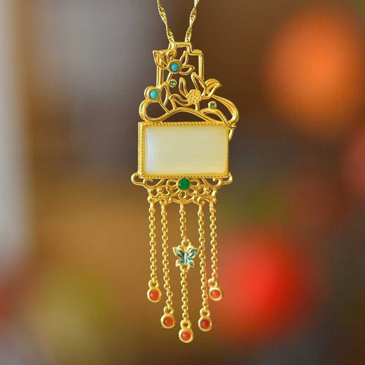 925 Silver - Inlaid Hetian Jade Pendant with "Lotus (Symbolizing Harmony & Bliss)" Design & Tassel - jewelry - weilin.com