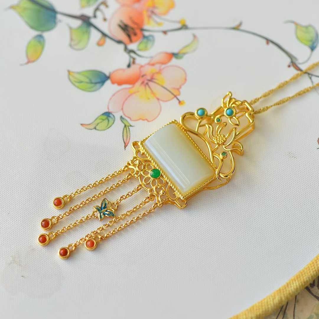 925 Silver - Inlaid Hetian Jade Pendant with "Lotus (Symbolizing Harmony & Bliss)" Design & Tassel - jewelry - weilin.com