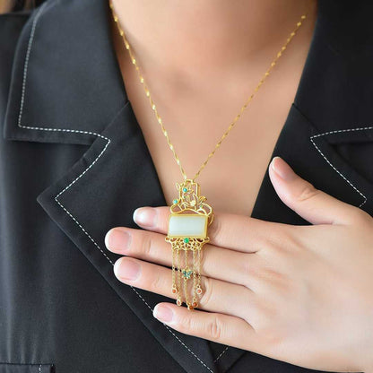 925 Silver - Inlaid Hetian Jade Pendant with "Lotus (Symbolizing Harmony & Bliss)" Design & Tassel - jewelry - weilin.com