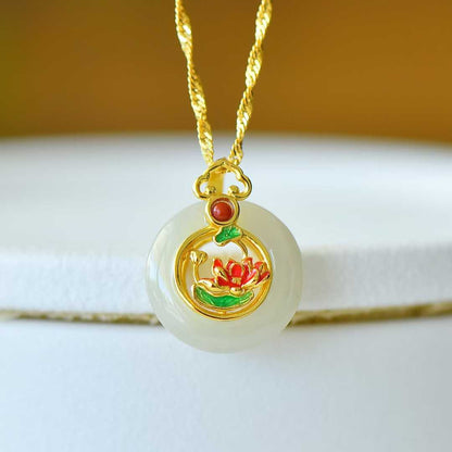925 Silver - Inlaid Hetian Jade Pendant with "Lotus (Symbolizing Perfect Bliss)" Design - jewelry - weilin.com