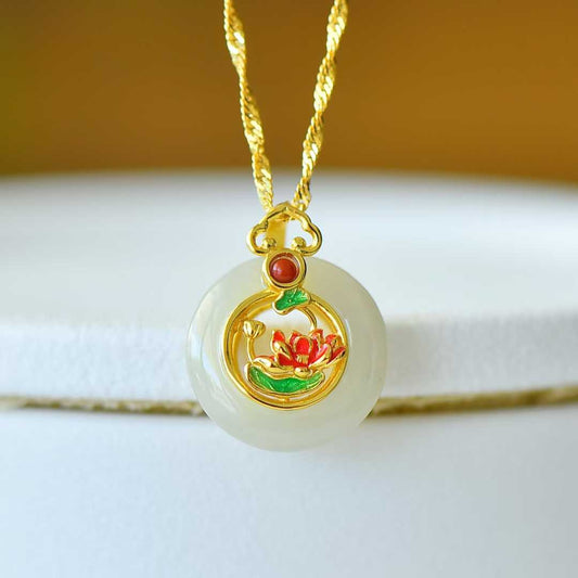 925 Silver - Inlaid Hetian Jade Pendant with "Lotus (Symbolizing Perfect Bliss)" Design - jewelry - weilin.com