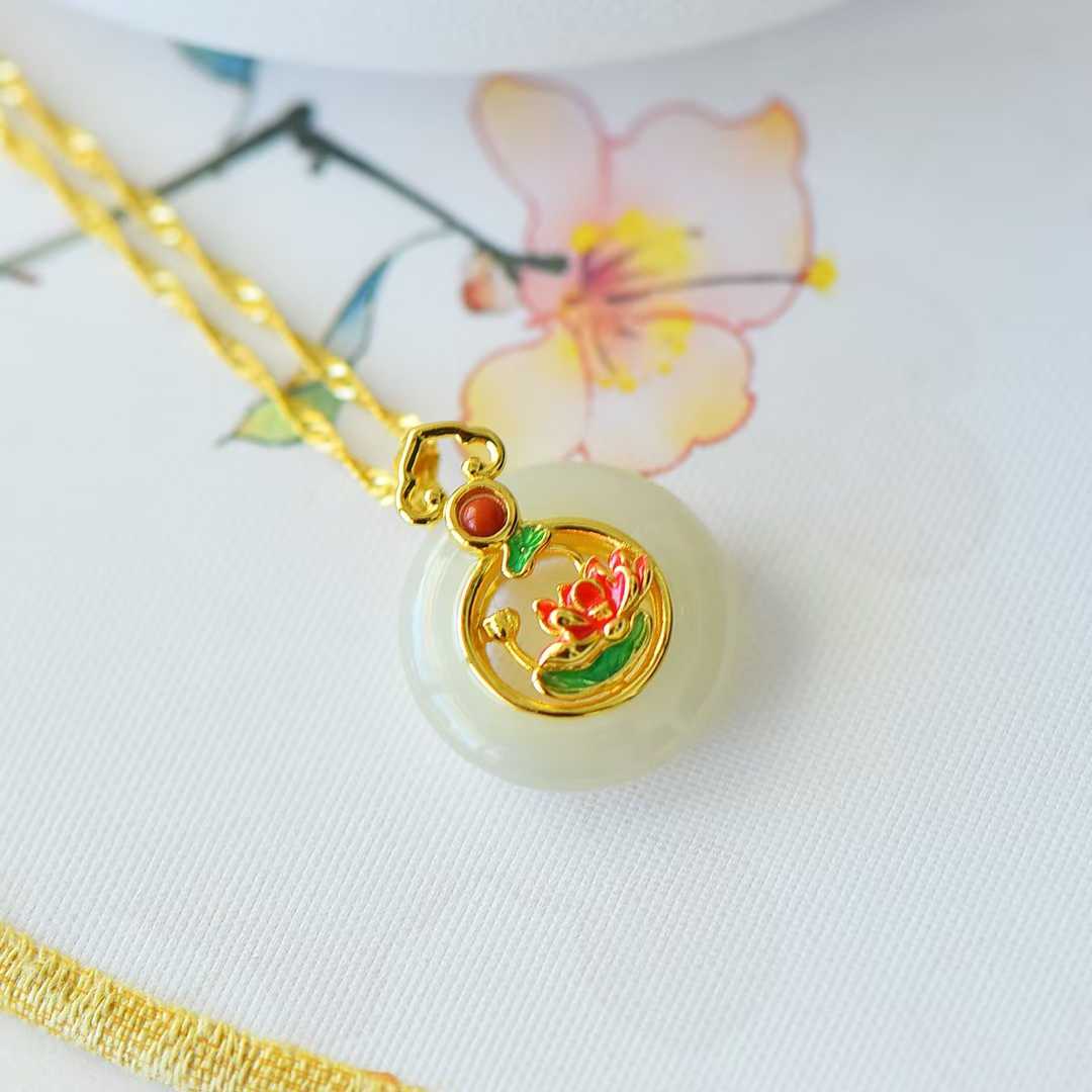 925 Silver - Inlaid Hetian Jade Pendant with "Lotus (Symbolizing Perfect Bliss)" Design - jewelry - weilin.com