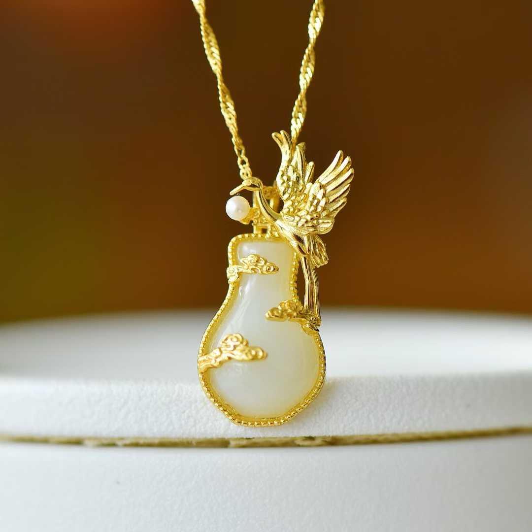 925 Silver - Inlaid Hetian Jade Pendant with "Peace, Auspicious Clouds & Crane" Design - jewelry - weilin.com