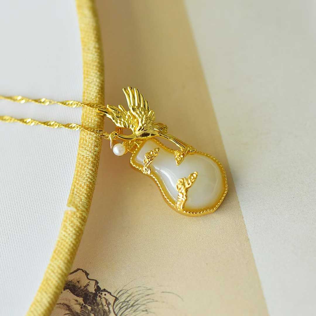 925 Silver - Inlaid Hetian Jade Pendant with "Peace, Auspicious Clouds & Crane" Design - jewelry - weilin.com