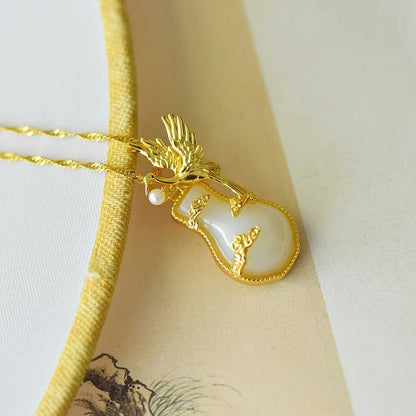 925 Silver - Inlaid Hetian Jade Pendant with "Peace, Auspicious Clouds & Crane" Design - jewelry - weilin.com