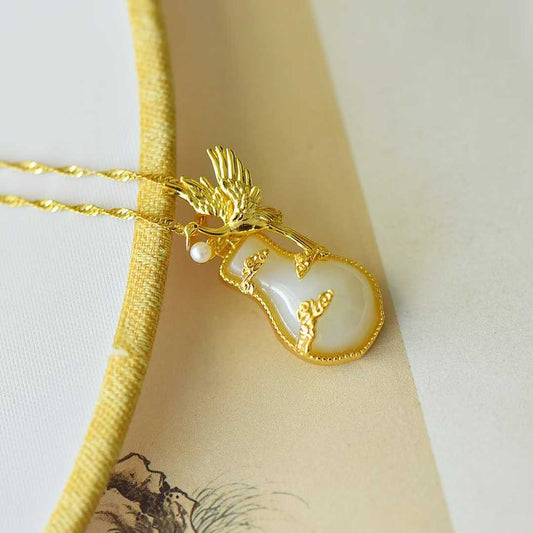 925 Silver - Inlaid Hetian Jade Pendant with "Peace, Auspicious Clouds & Crane" Design - jewelry - weilin.com