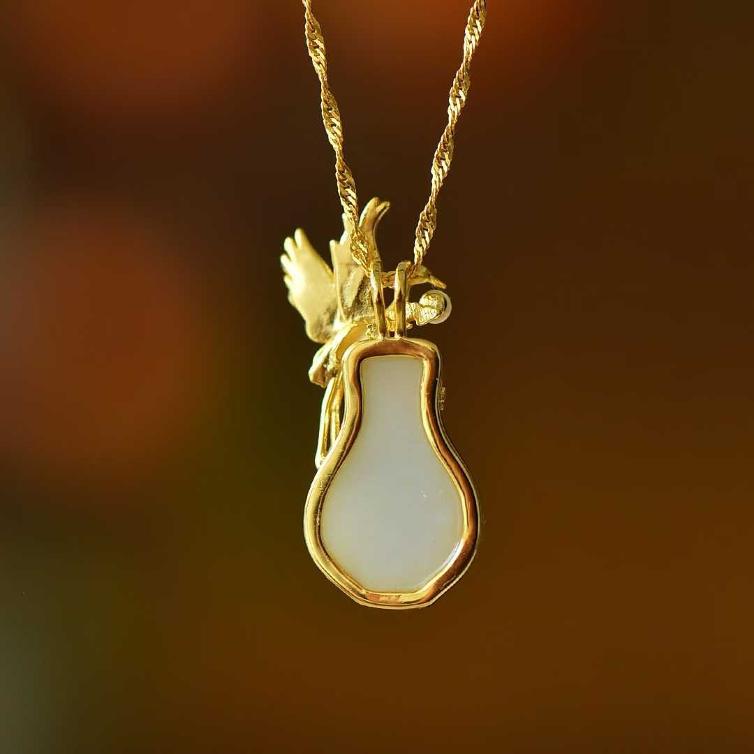 925 Silver - Inlaid Hetian Jade Pendant with "Peace, Auspicious Clouds & Crane" Design - jewelry - weilin.com